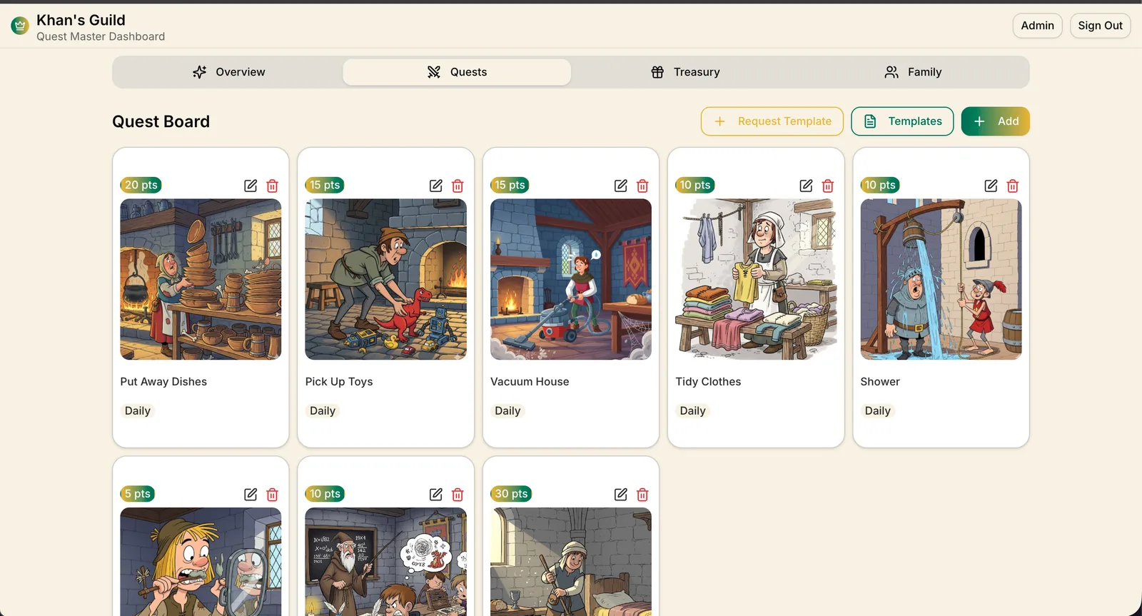 Quest master dashboard showing the quest board - a grid of daily chores as illustrated medieval quest cards, each with a point value.
