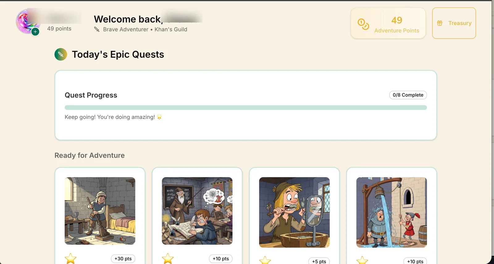 A child's quest log with today's quests, a progress bar, and their adventure point total. The child's name is blurred.