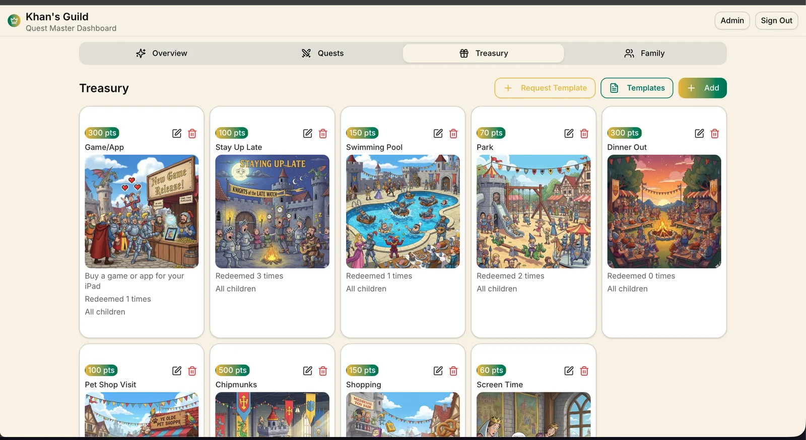 The treasury, showing rewards a child can redeem with points - screen time, a trip to the park, dinner out - each with a cost and how many times it has been claimed.