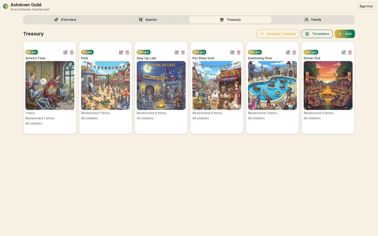 The treasury management screen showing six rewards - screen time, the park, staying up late, a pet shop visit, the swimming pool, dinner out - each with its illustration, point cost, and how many times it has been claimed. Sample data.