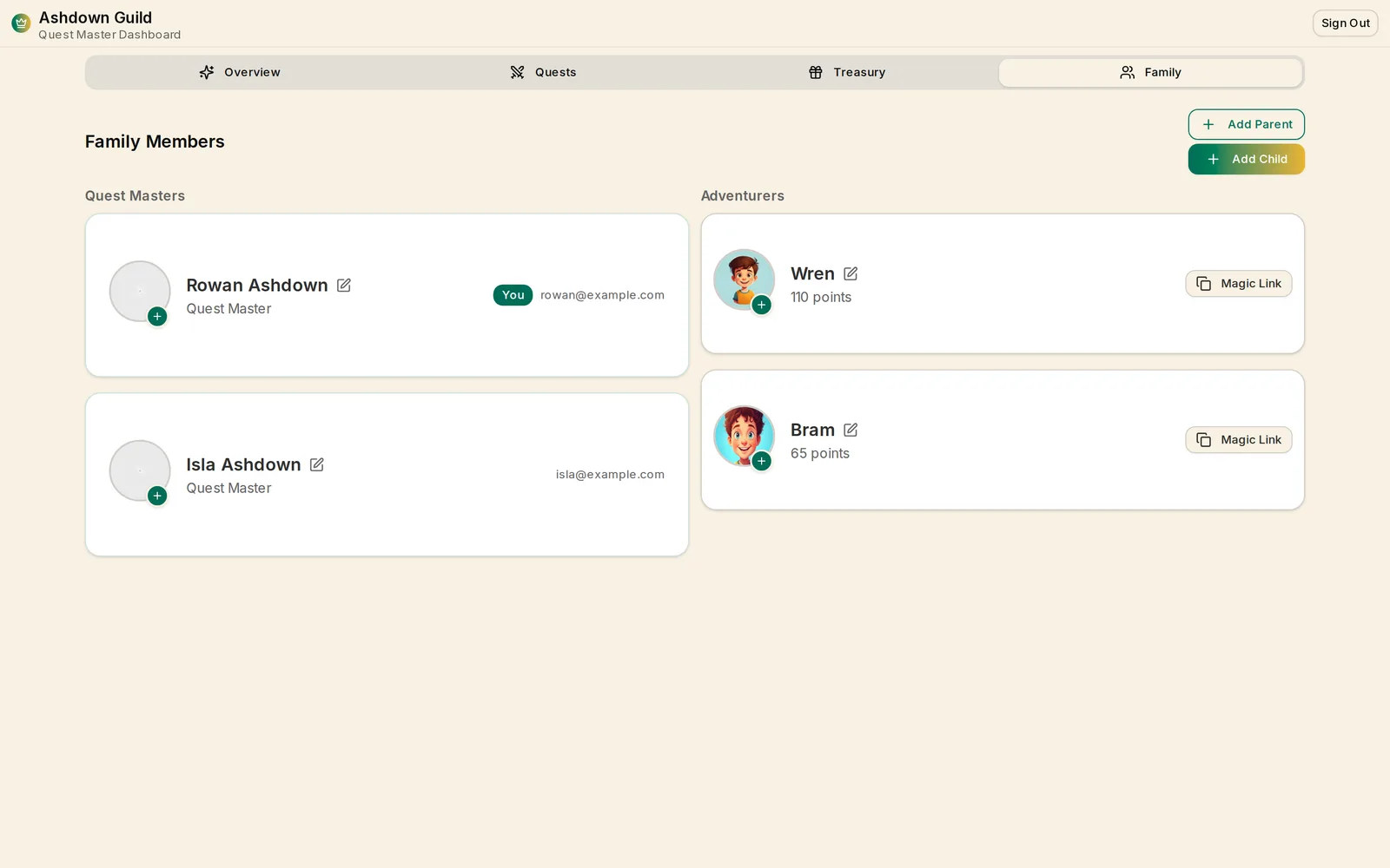 The family tab, with quest masters in one column and adventurers in the other. Each child shows their current balance and a magic link button that copies their personal sign-in link. Sample data.