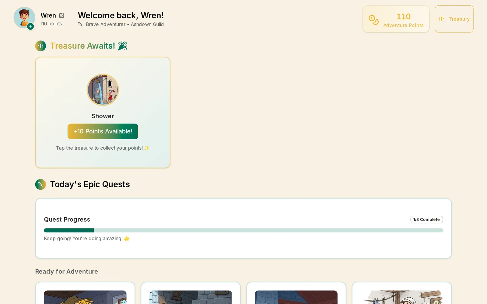 A child's dashboard: an approved quest waiting to be collected for ten points at the top, then today's quest progress bar and the quests still ready to be attempted, each an illustrated card. Sample data.