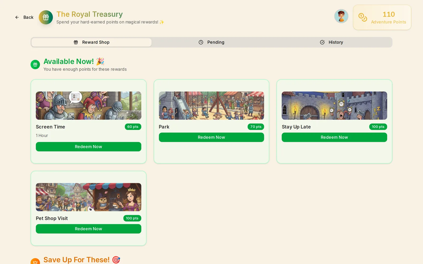 The child's view of the treasury, split into rewards they have enough points for, each with a redeem button, and a save up for these section below for the ones still out of reach. Sample data.