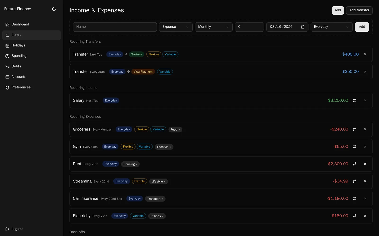 The items list: recurring transfers, income, and expenses, each with its cadence, account, category, and fixed or variable tags, above a section of once-off items. Sample data.