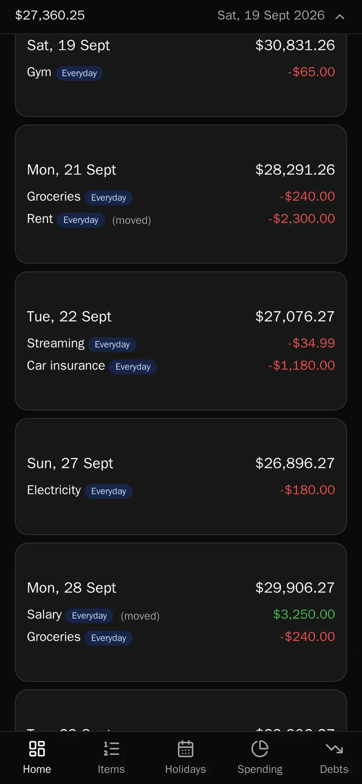 The same phone dashboard scrolled a month down the transaction list, where a compact bar pinned to the top of the screen keeps the running balance and the date being read in view. Sample data.