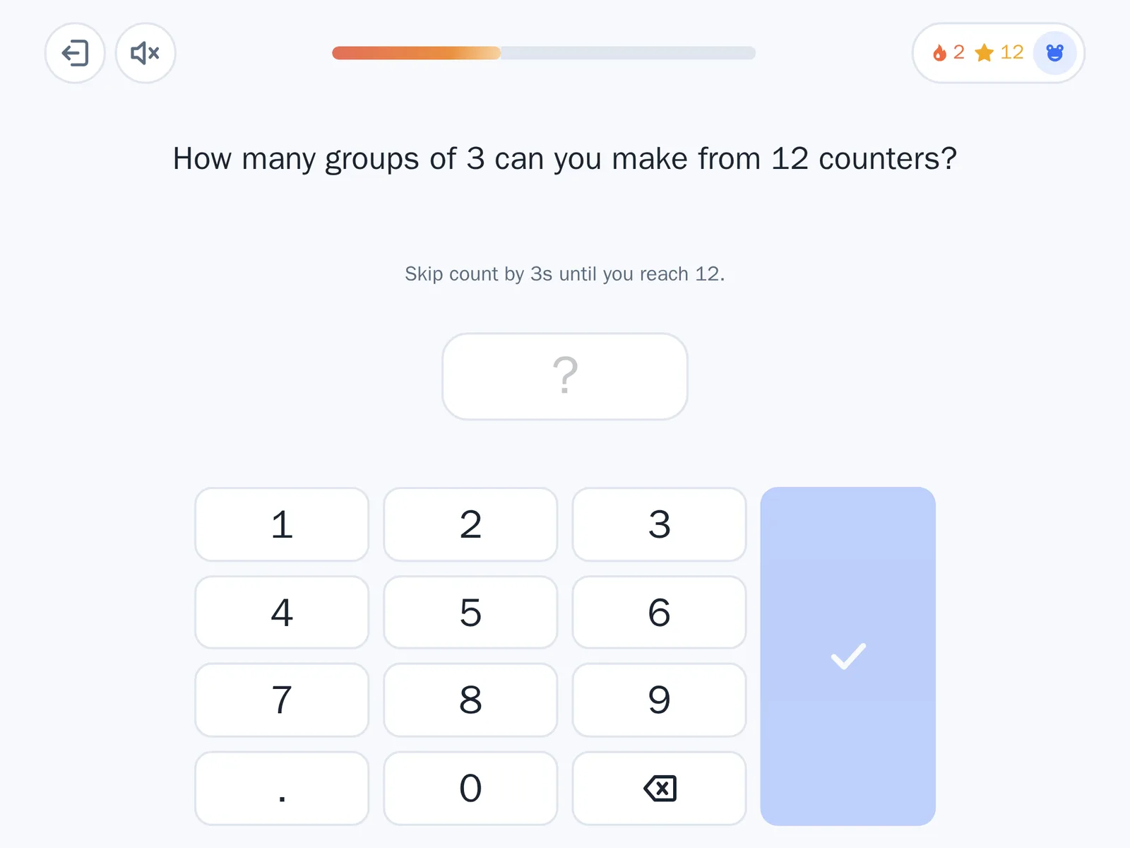 The same play screen asking "How many groups of 3 can you make from 12 counters?", with a revealed hint set small and grey beneath it reading "Skip count by 3s until you reach 12.". The answer box still shows a question mark and the number pad and tick button are unchanged, so the hint has been given without answering anything. Sample data.