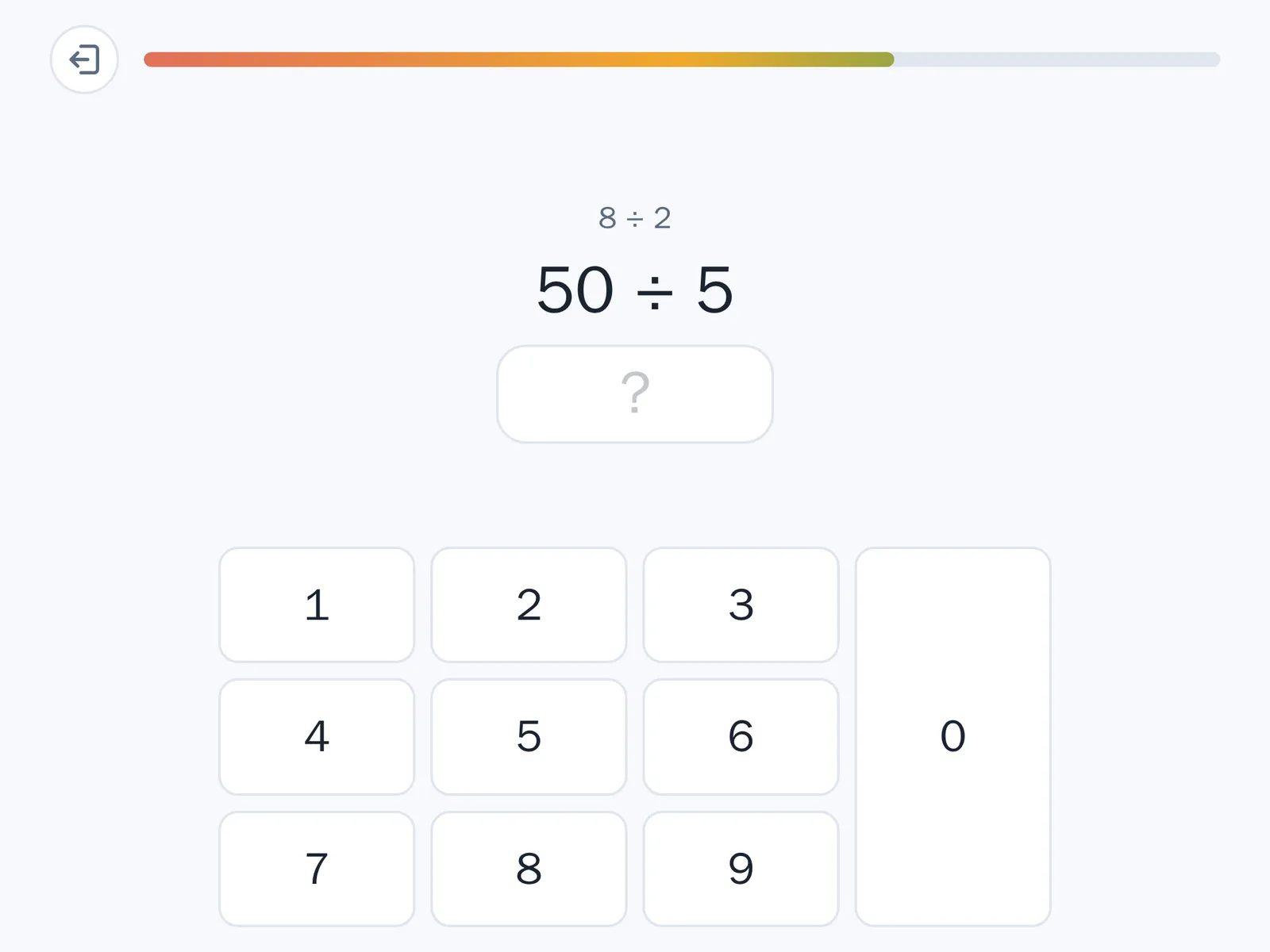 A speed run in progress on a landscape tablet. A draining bar runs across the top beside a door button, showing about seven tenths of the time left and shading from red at the left to green at the right. The question to come, "8 ÷ 2", sits small and faded above the one in hand, "50 ÷ 5", over an empty answer box. A number pad of 1 to 9 with a full-height 0 key fills the lower half - no decimal point, no delete and no check key. Sample data.