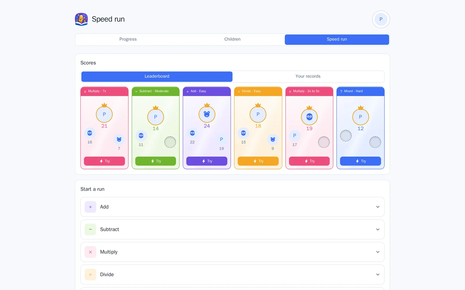 A parent's Speed run screen. Under Progress, Children and Speed run tabs, a Scores panel offers Leaderboard and Your records, with Leaderboard selected. Six coloured cards sit in a row - Multiply 7x, Subtract Moderate, Add Easy, Divide Easy, Multiply 2x to 5x and Mixed Hard - each showing up to three round faces ranked by score, the leader crowned and largest, and a Try button. A "Start a run" panel below lists Add, Subtract, Multiply and Divide as expandable rows. Sample data.