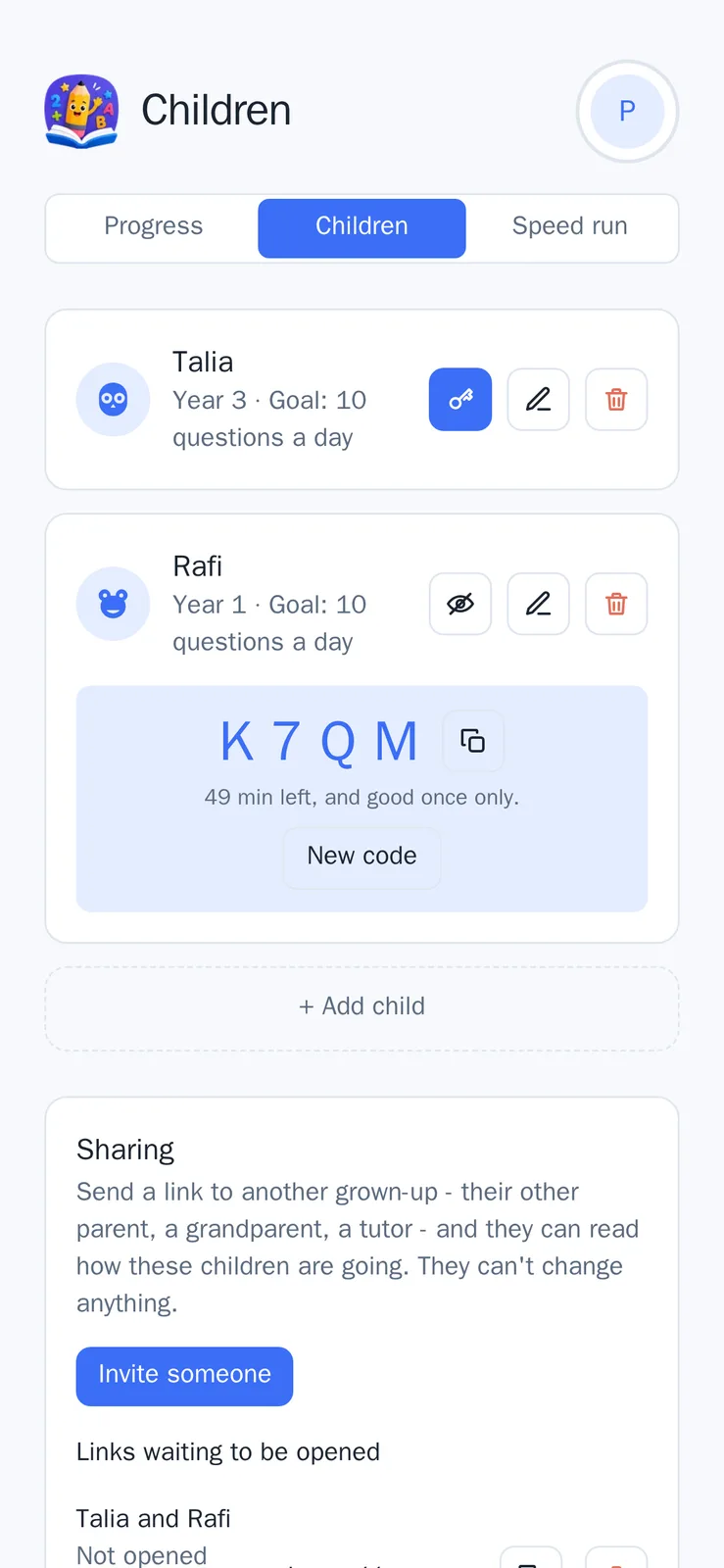 A Children screen on a phone listing two profiles, each an animal icon, a name, a school year and a daily goal: Talia in Year 3 and Rafi in Year 1, both set 10 questions a day. Three glyph buttons sit on each row - a key on Talia's, who has no live code, a struck-through eye on Rafi's, whose code is on screen, then a pencil and a red bin. Rafi's code is open beneath his row, set large as "K 7 Q M" with a copy button beside it, the line "49 min left, and good once only." and a New code button. An "Add child" placeholder and the Sharing panel follow. No email address or photograph appears anywhere. Sample data.