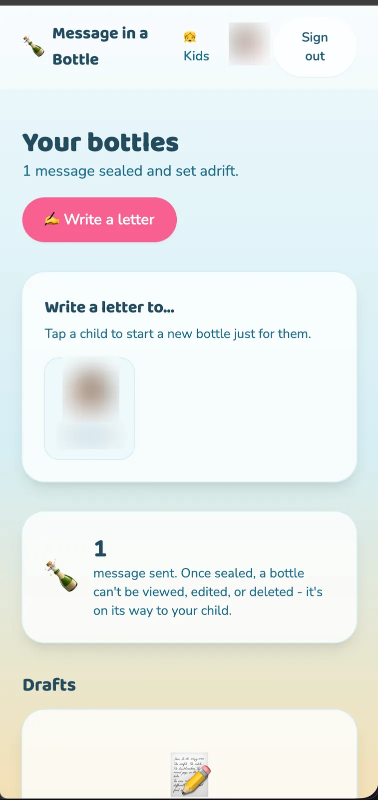 Parent dashboard listing sealed bottles, with a prompt to pick a child and start a new letter. The child's photo and name are blurred.