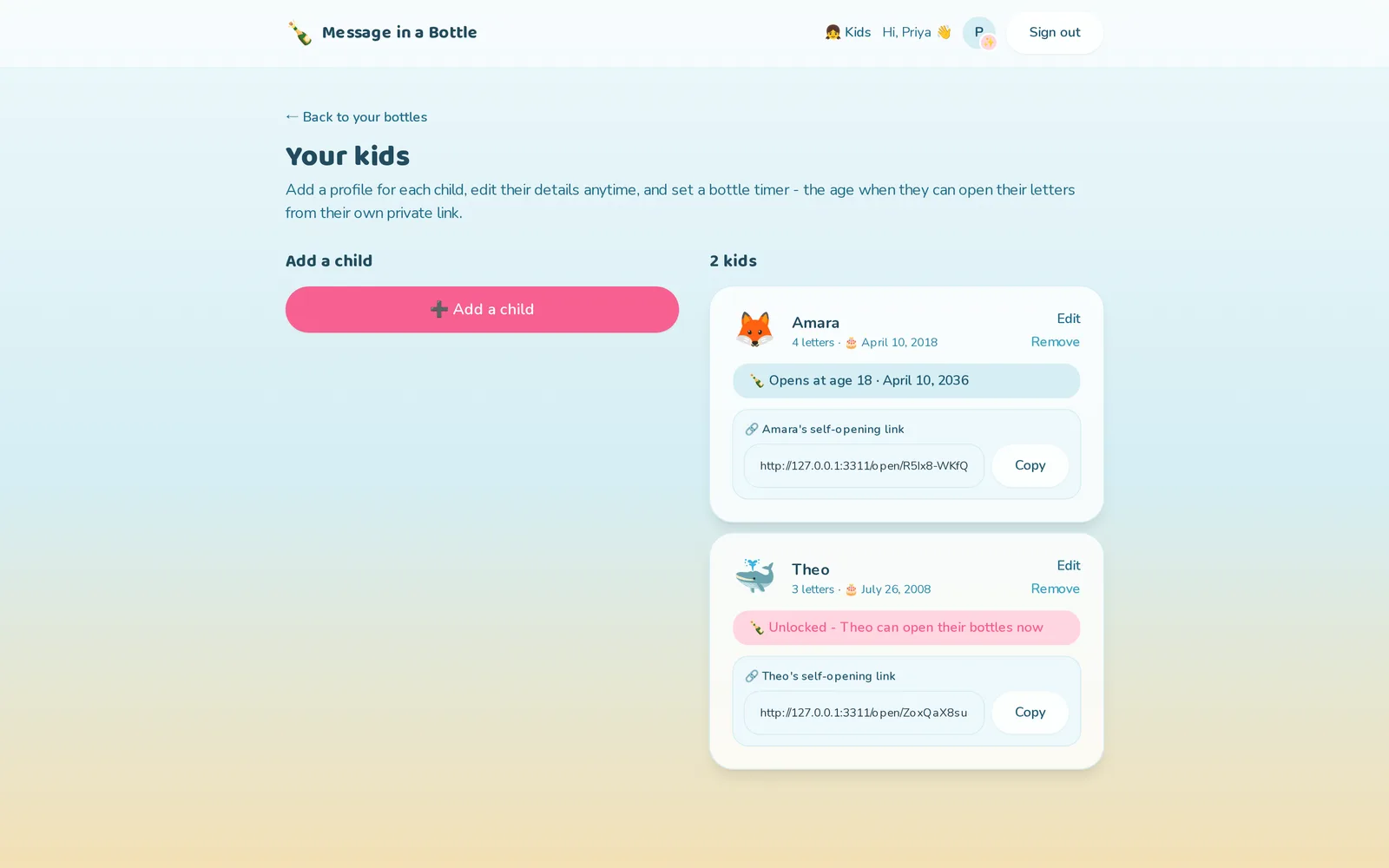 The kids screen listing two children with their birthdays and letter counts. Amara's timer reads "Opens at age 18 · April 10, 2036"; Theo's reads "Unlocked - Theo can open their bottles now". Each has a private self-opening link with a copy button. Sample data.