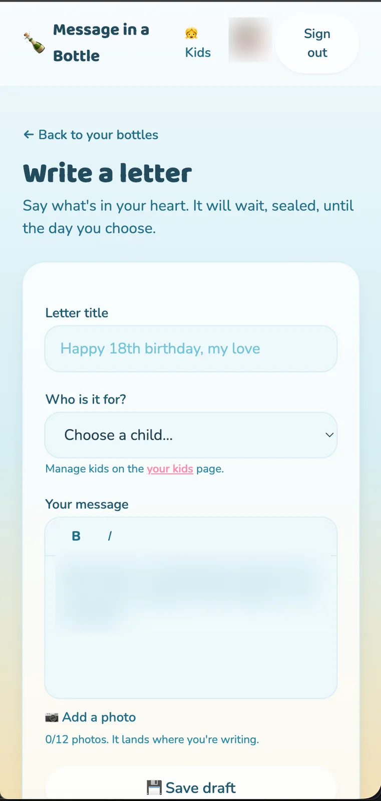 The letter composer, with a title field, a child selector, and a rich text body. The draft text is blurred.
