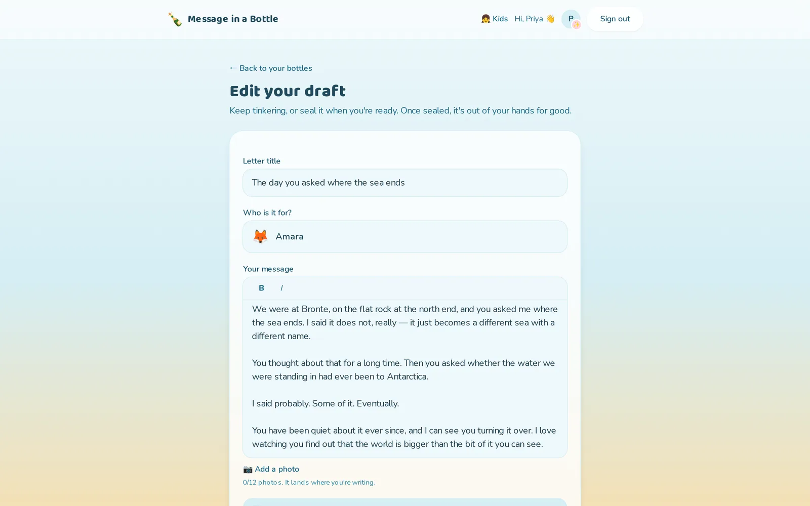 The draft editor with a title, a locked recipient of Amara, and a formatted message about a day at the beach, above a photo attachment control reading "0/12 photos". Sample data.