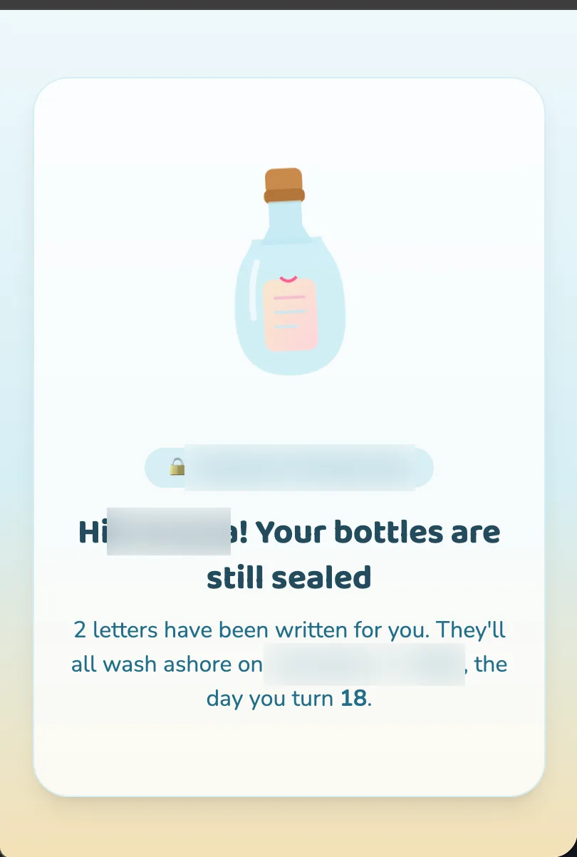 The still-sealed view a child sees before the unlock date, with a countdown and a note that two letters are waiting. Name and dates are blurred.