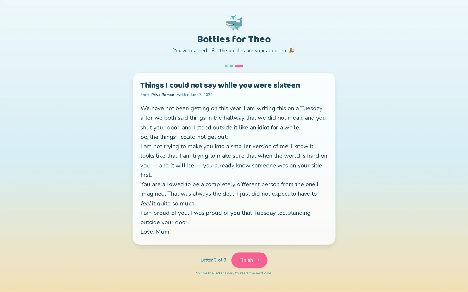 The same link after the child has turned 18, headed "Bottles for Theo", showing a letter from Priya Raman written June 7, 2024 about an argument in a hallway, with progress dots and a "Letter 3 of 3" counter beneath. Sample data.