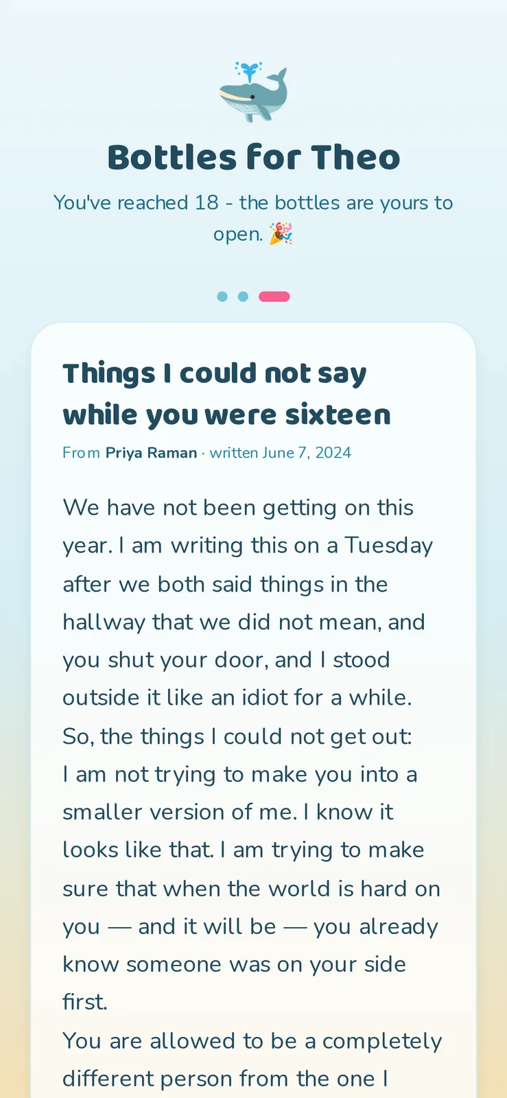 The unlocked open page on a phone, headed "Bottles for Theo", with the letter's title, author and date, and the opening paragraphs filling the screen. Sample data.