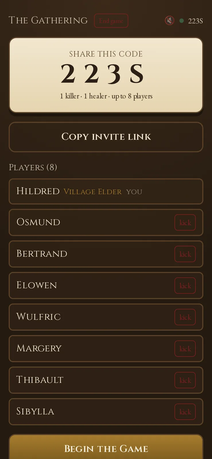 The lobby on a phone, headed "The Gathering": a parchment card showing a four-letter join code above the game settings (one killer, one healer, up to eight players), a copy invite link button, and the eight players who have joined, the host marked Village Elder with a kick button beside every other name. Sample data.