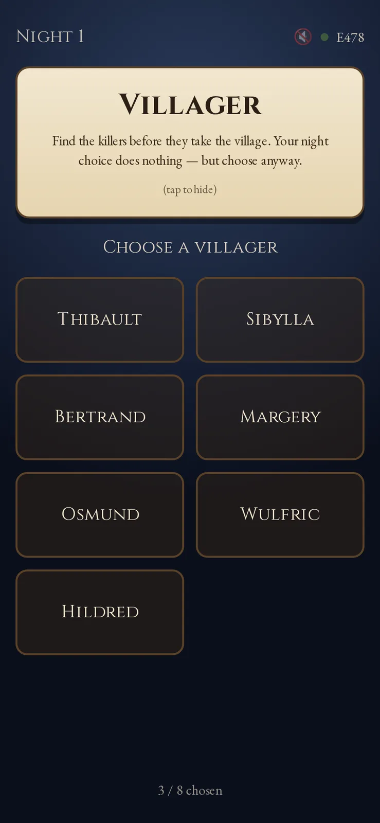 A villager's phone at the same moment in the same game, laid out identically: the revealed role card reads Villager and says the night choice does nothing but to choose anyway, above the same grid of other players and the same three of eight chosen. Sample data.