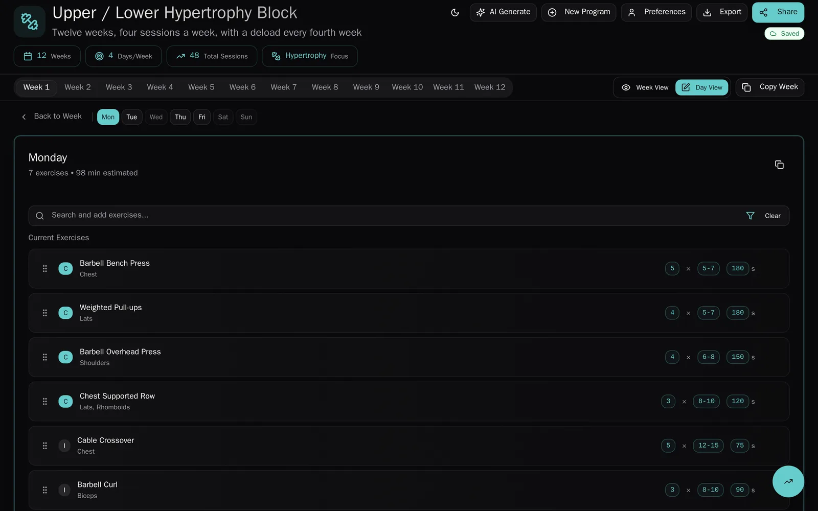Monday open for editing, headed "7 exercises, 98 min estimated", with a search box for adding exercises above the list. Each row has a drag handle, a compound or isolation badge, the muscles it trains, and its sets, rep range and rest in seconds. Sample data.