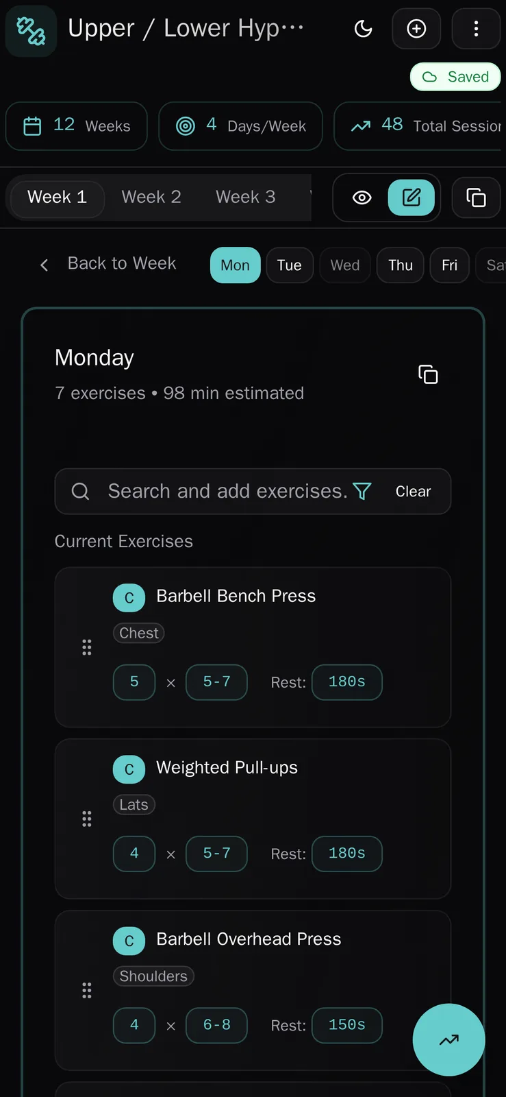 Monday open for editing on the same phone, each exercise stacked as a card with its drag handle, muscle tag, sets, rep range and rest. Sample data.