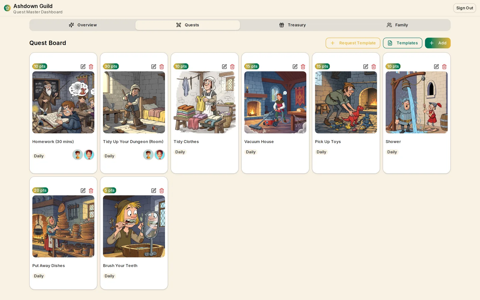 The quest master's quest board - a grid of daily chores as illustrated medieval quest cards, each with a point value, a frequency tag, and avatars on the two quests assigned to particular children. Sample data.