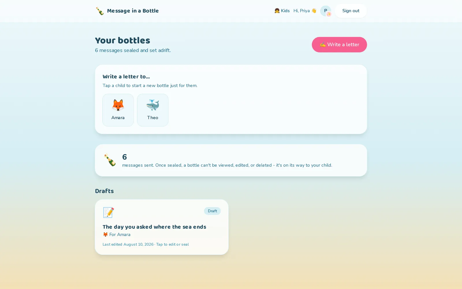 Parent dashboard headed "Your bottles", showing six messages sealed and set adrift, a row of child avatars for Amara and Theo to start a letter from, a count of sent messages, and one draft card. Sample data.